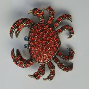 Heidi Daus Red Rhinestone Crab Brooch Pin Designer
